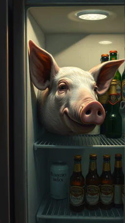 Bosch painting style nightmare, pig head in side shelf of a refrigerator with other shelf of beer bottles