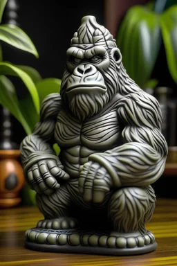 Tiki mug in shape of king Kong gorilla, that has a lot of muscle. It looks manly and very angry in a typical gorilla frightening position.