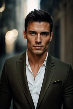 portrait of a 35 year old man very handsome with a sharp Jawline. OLIVE skin. DARK BROWN hair cut short, clean shaven