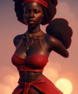 Negra Francisca, beautiful, curvy body, African slave, simple red fabric dress, long black hair, red headband, head and shoulders portrait, 8k resolution concept art portrait by Greg Rutkowski, Unreal Engine 5 volumetric lighting