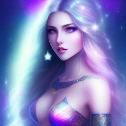 beautiful woman with long hair and smile look the stars and northern aurora blue turquoise lights, blue, pink,