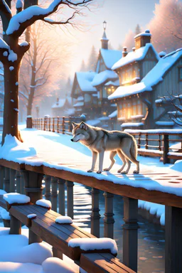 [Waterscape] Afternoon winter walking is in the village town, the main role is the gray wolf, standing on the bridge near the gardens with snow, 8K resolution, high quality, ultra graphic, and detailed with lines.