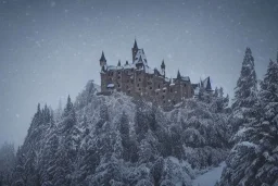 castle on a snow capped mountain, abstract, dark, medieval