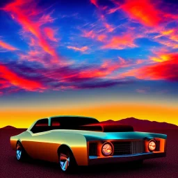 art deco, muscle car, desert road, sunset, full colour, hd,