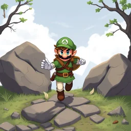 Male Fantasy RPG character, chaabi kawaii mario proportions, lord of the rings inspiration, with a coin held out in front, in a bounding run out from behind a large rock), 3/4 view, isometric game