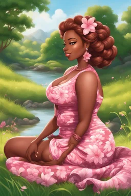 An airbrushed illustration of a curvy black cartoon woman sitting relaxed on a sunny riverbank, lush green grass surrounding her. Facing left in profile, she has flowing chestnut hair styled in an elaborate braided twist. complementing the pink floral maxi dress wrapped snugly around her exaggerated curves. One hand touches her cheek lightly as she looks to the distance, brown eyes enhanced by long lashes and purple eyeshadow. Bold brown lips match the brown flowers on her dress