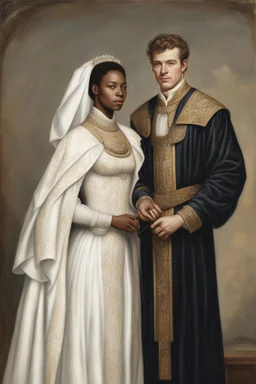 interracial marriage, white man and black woman, wearing aristocratic robes