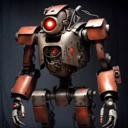 trash mech suit, human-sized, made of scrap metal, cockpit in chest cavity, light rust, round, one red glowing eye, loose wires, escape hatch