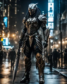 full image street photography art Predator character, anthropomorphic figure, warrior armor and weapons, walk on night city street