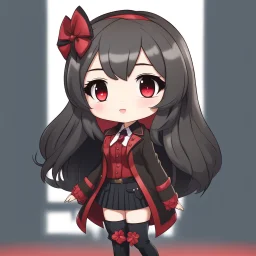 full body chibi woman with long dark brown hair, red eyes, bad girl vibe, modern clothes, New Years theme, intricately detailed, masterpiece, anime chibi doll, 4k