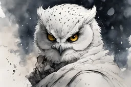 ink wash and watercolor illustration of a whimsical hybrid Snowy Owl girl concept character, with highly detailed feathers and facial features in the comic book style of Bill Sienkiewicz and Jean Giraud Moebius, with a fine art aesthetic, highly detailed , boldly inked, 4k UHD cinegraphic quality