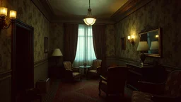 Inside a dimly lit old hotel room with antique furniture, peeling wallpaper and heavy velvet curtains, In the dark night, photo real, 8k, cinematic, this poster incorporates rich cinematic color grading reminiscent of Kodak Porta 400 and Cinestill 800 films, shot through a Leica M10 lens, with a cinematic image of high contrast.