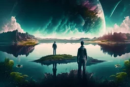 epic, cosmos, persons, big epic lake, planet, vegetation, movie poster hd