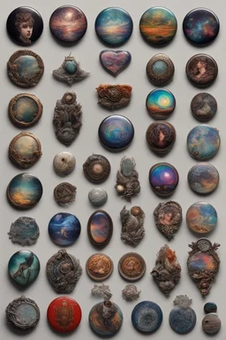 Badges, buttons, ideas, and feelings drop off by themselves. An individual can cherish them but they mean nothing; Neo-surrealism; Transcendent; Incredibly Detailed; Iridescent