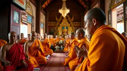 Inside a Buddhist monastery in Thailand, Buddhist monks in saffron robes, worship, award-winning colour photograph, beautiful composition, exquisite detail, Nikon 35mm