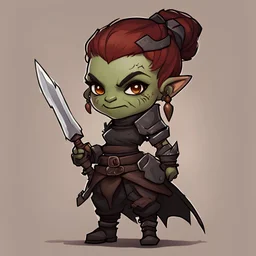 Abimfash is a female Orc with dark red hair in a bun and wearing blacksmiths outfit of tan light tan and brown in a forge, in chibi art style