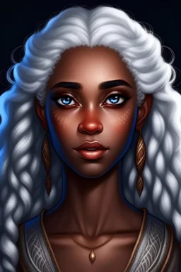 Dark Brown skinned female elf with pointy ears blue eyes and long white super curly hair