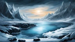 A view of a frozen landscape of a big frozen ocean, hdr, hight contrast, shading, detailed shading, digital painting, detailed painting, dark art, deppresive atmosphere, detailed texture