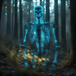 giant bioluminescent glass skeleton merge from the woods, enchanted forest, glowing flora, bright, glowing sparkle particles, dark tone, sharp focus, contrast, 8k, incredible depth, dramatic lighting, beautifully intricate details, clean environment, epic dynamic scene