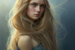 girl, cute, beautiful, long hair, wavy hair, blonde hair, blue eyes, head and shoulders portrait, 8k resolution concept art portrait by Greg Rutkowski, Artgerm, WLOP, Alphonse Mucha dynamic lighting hyperdetailed intricately detailed