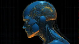 A digital brain by Moebius and Sorayama. Style is cyberpunk with a dark background and blue and orange colors.