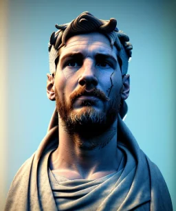 Gran angular, Realistic image, roman sculpture, marble material, Lionel Messi with Laurel wreath model, miguel angel style, God light, god rays, 4k resolution, perfect details, ornate details, soft lighting, unreal engine 5, soft cyan background.