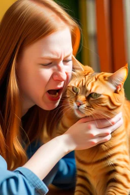 tabby cat punching a ginger girl in the face