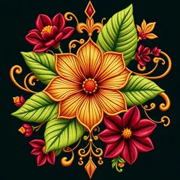 "Create a vibrant floral embroidery design featuring a central six-petal flower with maroon and gold tones, surrounded by intricate swirls, moss green leaves, and deep red blossoms. Include flowing bronze accents and ornamental beige flourishes for warmth."