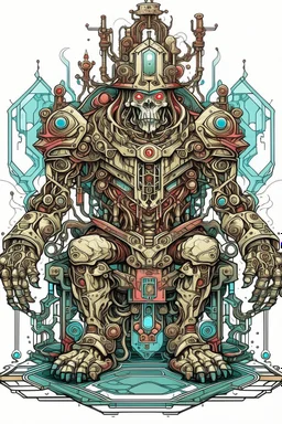 Colourful Bordered digital illustration of a shriveled homunculus hidden with a mechanical Mecha integrated with a throne. in the style of kaja foglio, Alchemy, Symbolism and Hermeticism. High quality, masterpiece. Dungeons And Dragons