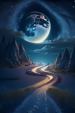 A beautiful 3D fantasy night landscape with an enchanted glittering moon and a widespread road that leads to a magical horizon