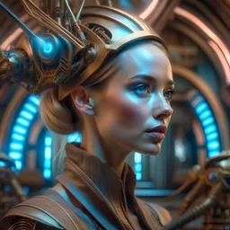 art by Patrick Woodroffe in the style of Salvador Dali, muted psychedelic colors, Jennifer Lawrence as a high elf steampunk warrior, in an biomechanical universe, HD 4K ultra high resolution, photo-real accurate, cinematic volumetric lighting