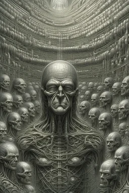 A field of thousands hands and heads inside a human cell , a thin line draw ،front view camera, surreal horror, biomechanical design, by hr giger and beksinski , Busch painting style