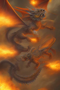 A flying tiger with wings is fighting with a dragon.