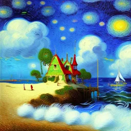 Dibujo al oleo de una casa en la playa con gaviotas con nubes con estilo de Vincent van Gogh