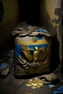 in a LARGE BASEMENT, half-buried in the earth, an ancient, worn-out, worn-out, torn-side valise peeks out, from which gold coins from the time of Catherine the Great fall out. The ancient coat of arms of Russia, the double-headed eagle, is BARELY VISIBLE on the bag. There are a lot of broken bricks and earth around the bag. All in high quality 8K