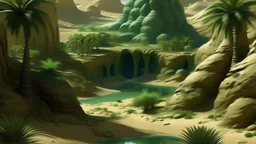 Oasis in a hollow mountain with alien reliefs