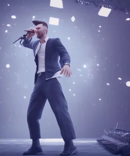 male singer at concert with crowd cheering, unreal 5, volumetric details, hyper realism