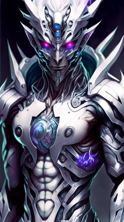 silver skinned anime Dragman cyberpunk with dragon mask in his eyes full body