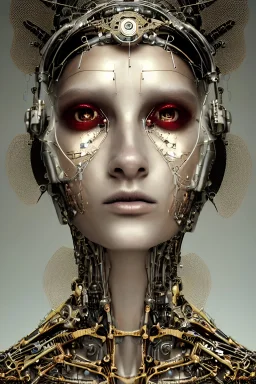 a beautiful ultradetailed fine art photo of a cybernetic futuristic cyborg bride wearing a boho headpiece, by tom bagshaw and simon stalenhag, embroidered lace chapel veil, portrait, cybernetic implants, 5 0 mm lens, golden ratio composition, detailed face, studio photography, very detailed, humanoids, industrial robotic alloy armor, masterpiece, artstation, 8 k, highly coherent