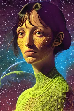 science fiction, shelley duvall model, portrait, illustration, by virgil finlay, retro, stars, retro , high details and resolution , intricate details, by vincent di fate, artgerm julie bell beeple, 60sfashion, inking, vintage 60s print, screen print,8k , fantastic setting and otherworldly, intricate scene with lots of details and planets , retro sixties, star trek, science fiction 1960’s films, brewster mc cloud