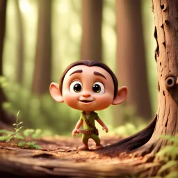 a little Cute Figure lives in the Wood, with cute face, pixar, disney style