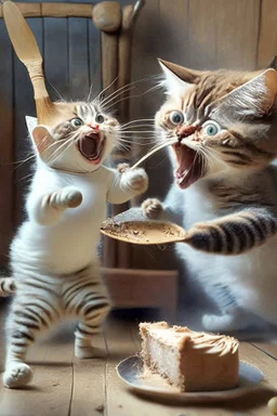 mother cat chasing baby cat with wooden spoon eating cake with wooden spoon at 70th bithday party