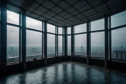 large room on the top floor of the building, with large windows through which you can see the city's skyscrapers. diaphanous, only with columbas holding up the roof