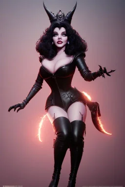 Joan Collins as evil queen in black leather, leather, busty, cleavage, angry, stern look. character design by cory loftis, fenghua zhong, ryohei hase, ismail inceoglu and ruan jia. unreal engine 5, artistic lighting, highly detailed, photorealistic, fantasy