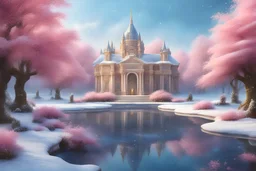 on a island, in a snowy and bright landscape a magnificent palace, tall trees, delicate flowers a pond in the foreground, a fountain, snowflakes, a blue sky,8k, very hight definition, lots of refined details, realistic painting, magical and sweet pink atmosphere