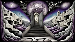 painted inner world with uncontrolled mind and neurodivergens soul, floating doors on sky, over surreal cracked weird empty land . neverending brockened stairs,. dark purple, gray, black, white, brown, malachit, cream color. Whimsical style of Chagall , of Anna Dittman. No people in picture, weird absurd beauty nightmare, black rawen, in background fade neuron network-web, surreal vibe, no humans