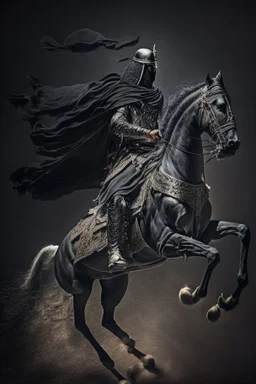 A full-body Arab warrior, raising his sword upwards, and riding his horse,, a dark background, a black horse, and dressed as an Arab warrior. Complex details, realistic, vivid image, cinematic atmosphere, dynamic shot.