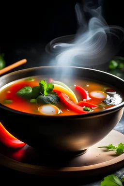A picture of a steaming bowl of Tom Yum Soup, a spicy and sour soup made with lemongrass, kaffir lime leaves, galangal, and chili peppers.