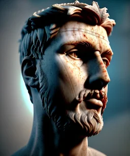 Ultra Realistic image, roman sculpture, marble deluxe material, Lionel Messi, Laurel leaves crown model, miguel angel style, chisel style, emperador, waist up portrait, cinematic lighting, God light, god rays, 4k resolution, smooth details, ornate details, soft lighting, unreal engine 5, sky background.