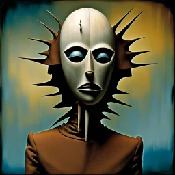 Mask art, Mummy masks, surrealism, by Yves Tanguy and Dave McKean, brilliantly grounded against the backdrop of an elusive nightmare, palpable textures, distressing colorful hues, distinctive visceral style.